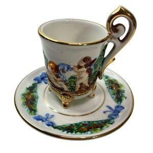 R. Capodimonte Italy Cup & Saucer Cherub Gold Trim Footed‎ Demitasse